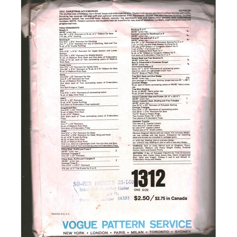 Vogue Patterns 1312 Santa Pack 1 Christmas Ornaments Stocking Advent Tree Skirt